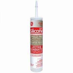 A tube of clear silicone sealant with red and white label, highlighting mold-free and lifetime guarantee.