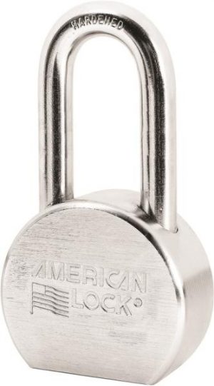 A shiny metal padlock with "AMERICAN LOCK" engraved on the front.