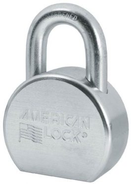 A shiny silver padlock with "AMERICAN LOCK" engraved on the front.