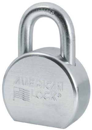 Shiny silver padlock with the text "AMERICAN LOCK" engraved on the front.