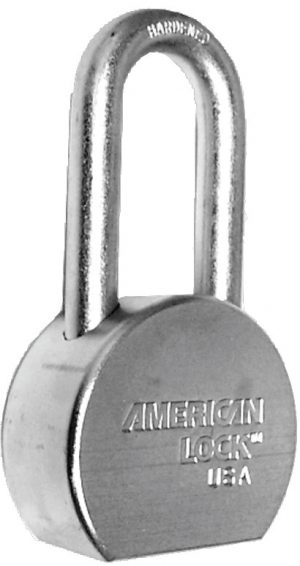 A solid steel American padlock isolated on a white background.