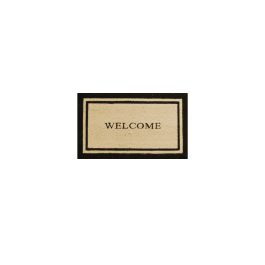 A beige welcome mat with black borders and the word "WELCOME" in the center.