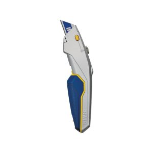 A utility knife with a retractable blade, blue and yellow grip, and silver body.