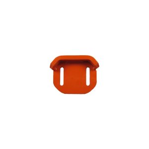 An orange plastic bread bag clip isolated on a white background.