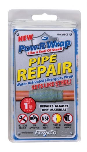 Package of Pow-R Wrap pipe repair kit with water activated fiberglass wrap.