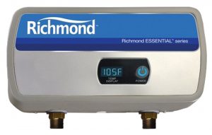 A Richmond brand tankless water heater with a digital temperature display reading 105F.