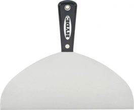 A stainless steel pizza cutter with a black handle against a white background.