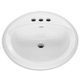 White oval bathroom sink with three faucet holes on a plain background.