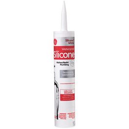 A cartridge of white silicone sealant for waterproofing in kitchens and baths.