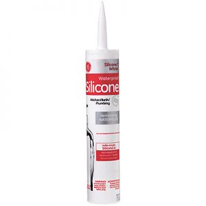 A cartridge of white silicone sealant for waterproofing in kitchens and baths.