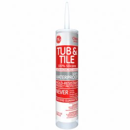 A tube of white tub and tile silicone sealant with a red label and lifetime guarantee text.