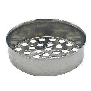 A round, metal soap dish with drainage holes on a white background.