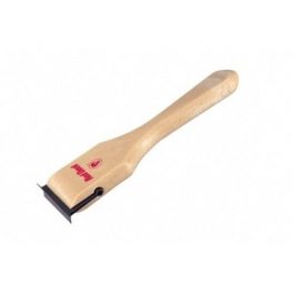 A wooden-handled lint remover with a red logo on a white background.