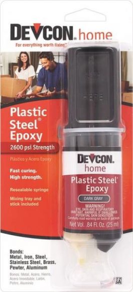 Packaging of Devcon Home Plastic Steel Epoxy with product details.