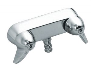 Chrome double-handle bathtub faucet on a white background.