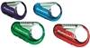 Four colorful carabiners arranged in a row on a white background.