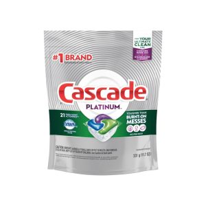 Package of Cascade Platinum dishwasher pods with a fresh scent by Dawn.