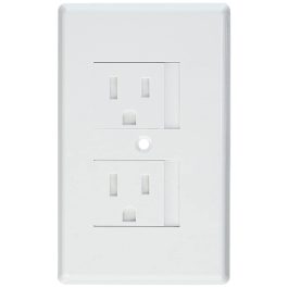 A white double electrical socket on a wall.