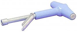 A medical reflex hammer with a blue handle and metallic accents on a white background.