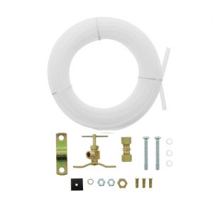 A set of ice maker installation parts including tubing, valve, fittings, and screws on a white background.