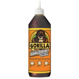 Bottle of Gorilla Glue adhesive with a gorilla face logo on the label.