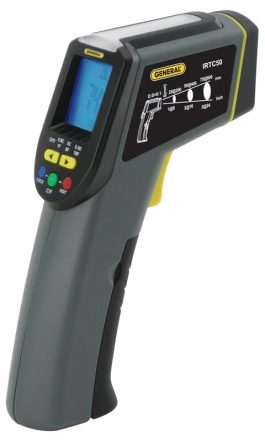 Handheld infrared thermometer with digital display screen and buttons.