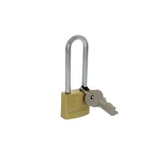 Padlock with key inserted on a white background.
