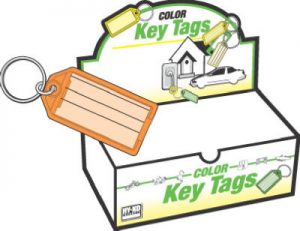 Illustration of a key tags product box with example tags and a key ring.