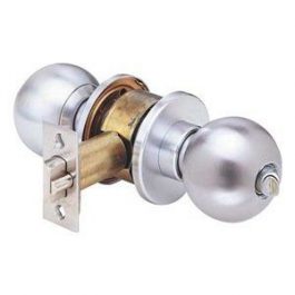 Silver doorknob with keyhole and latch mechanism on white background.