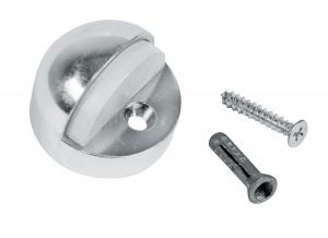 A metal doorstop with screws on a white background.