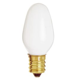 A single frosted white candle flame-shaped light bulb with brass base.
