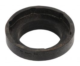 A black metal washer with a hexagonal inner edge, isolated on a white background.