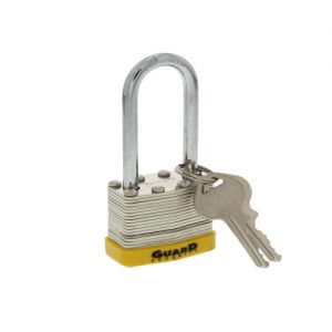 A silver padlock with a yellow base and keys on a white background.