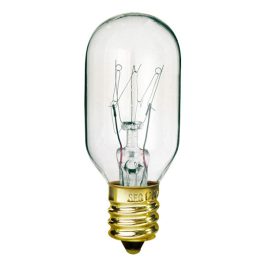 Clear incandescent light bulb with filament visible and brass base on white background.