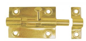 A gold-colored barrel bolt lock with open latch and mounting flanges.