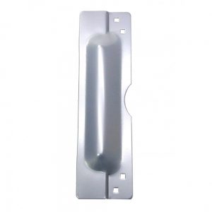 A single metal bracket with a central indent and mounting holes against a white background.