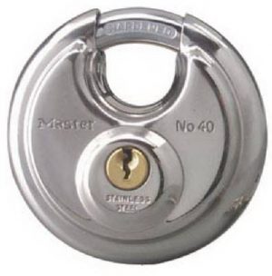 A stainless steel round padlock with a keyhole at the center.