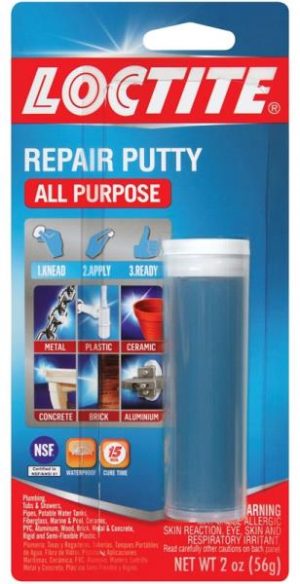 Packaging of Loctite all-purpose repair putty for bonding metals, plastics, and ceramics.