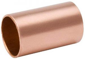 Copper pipe coupling without threads on a white background.