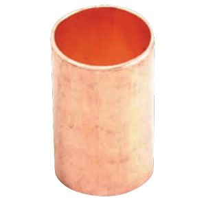 Copper pipe section with a reflective surface and reddish hue against a white background.