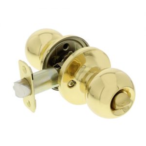 Gold-colored doorknob set with keyhole on a white background.