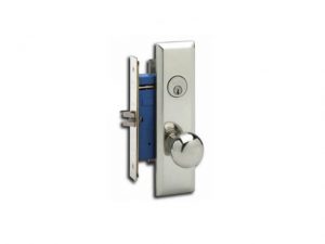 Modern door lock mechanism with keyhole and handle on a white background.