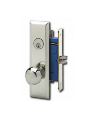 A modern chrome door handle and keyhole on a blue door lock mechanism.