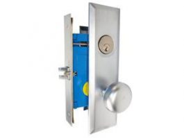Cutaway view of a silver door handle and lock mechanism.