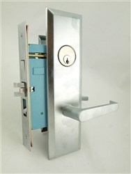 Door handle and lock mechanism isolated on a white background.