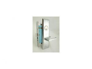 Metal door handle and lock mechanism isolated on a white background.