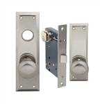 Stainless steel door latch and deadbolt set on a white background.