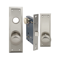 Three components of a satin nickel door deadbolt lock set on a white background.