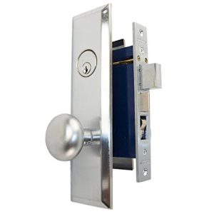A modern door lock and handle on a white background.