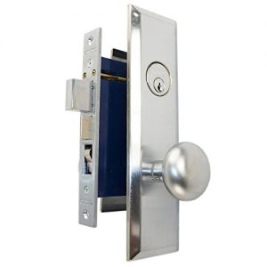 A metal door latch with a knob and keyhole on a white background.